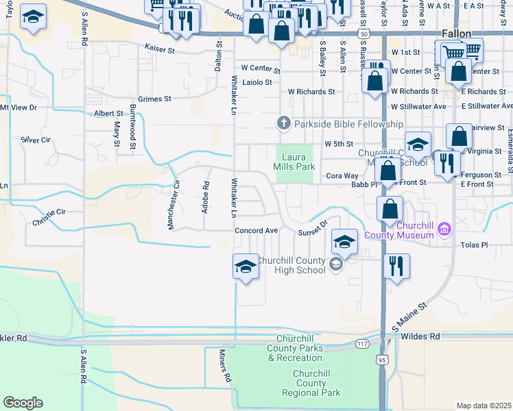 map of restaurants, bars, coffee shops, grocery stores, and more near 981 Lee Avenue in Fallon