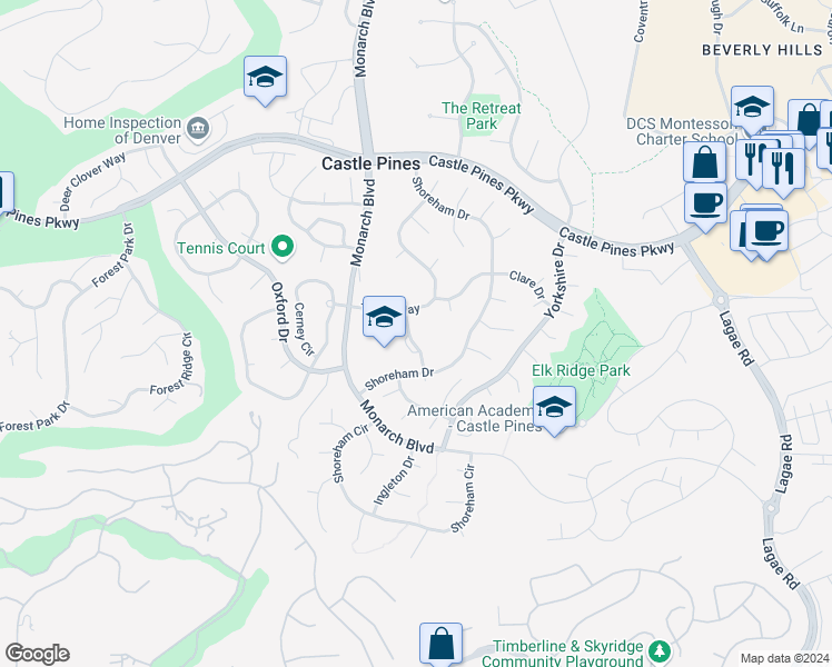 map of restaurants, bars, coffee shops, grocery stores, and more near 7196 Campden Place in Castle Pines