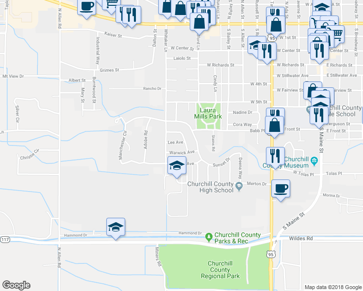 map of restaurants, bars, coffee shops, grocery stores, and more near 981 Lee Avenue in Fallon