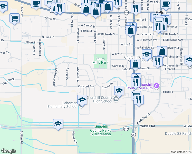 map of restaurants, bars, coffee shops, grocery stores, and more near 860 Sunset Drive in Fallon
