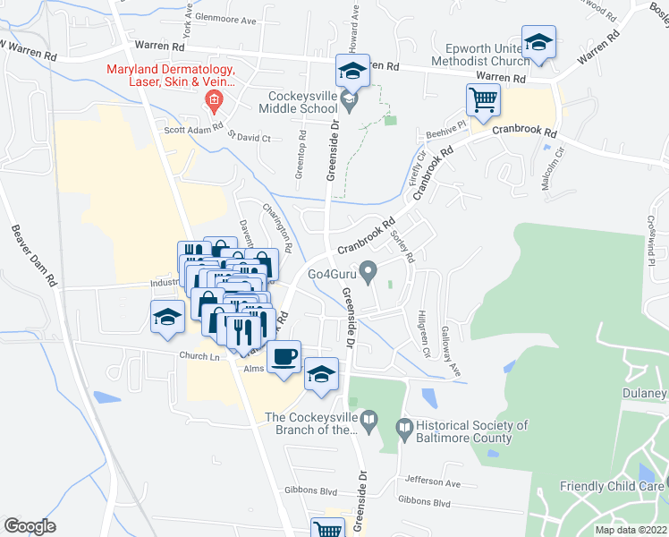 map of restaurants, bars, coffee shops, grocery stores, and more near 10176 Greenside Drive in Cockeysville