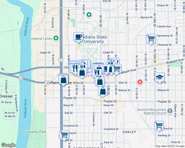 map of restaurants, bars, coffee shops, grocery stores, and more near 665 Wabash Avenue in Terre Haute