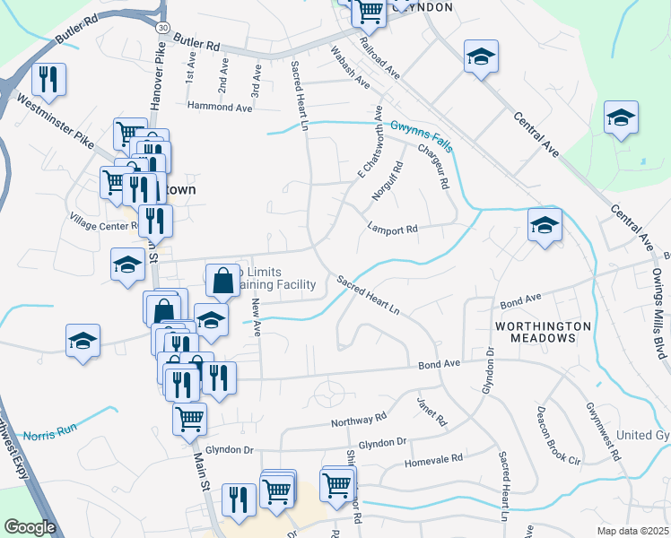 map of restaurants, bars, coffee shops, grocery stores, and more near 111 Sacred Heart Lane in Reisterstown