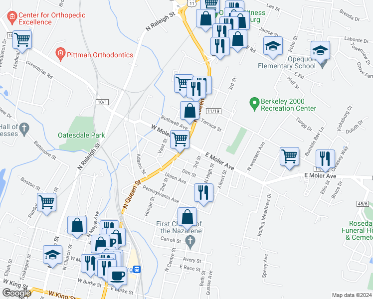 map of restaurants, bars, coffee shops, grocery stores, and more near 819 North Queen Street in Martinsburg