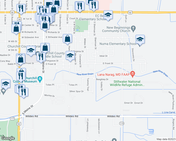 map of restaurants, bars, coffee shops, grocery stores, and more near 644 Leslie Court in Fallon