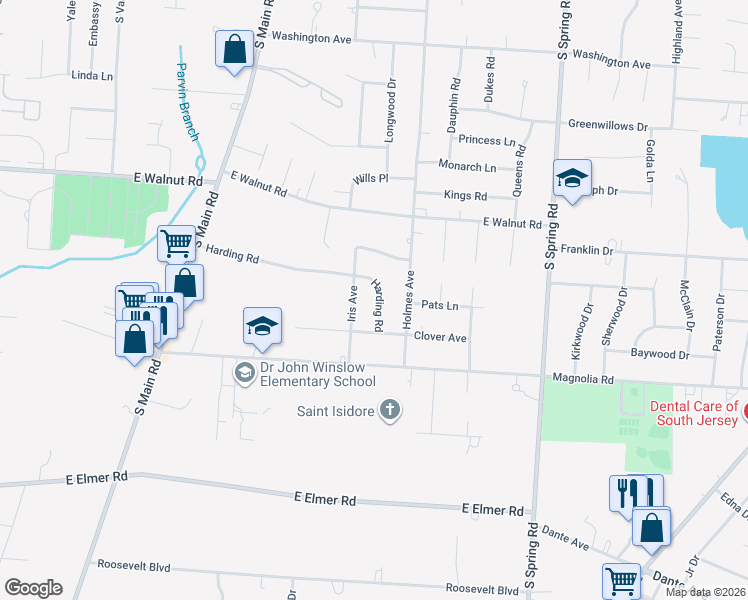 map of restaurants, bars, coffee shops, grocery stores, and more near 1252 Harding Road in Vineland