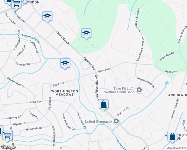 map of restaurants, bars, coffee shops, grocery stores, and more near 517 Bond Avenue in Reisterstown