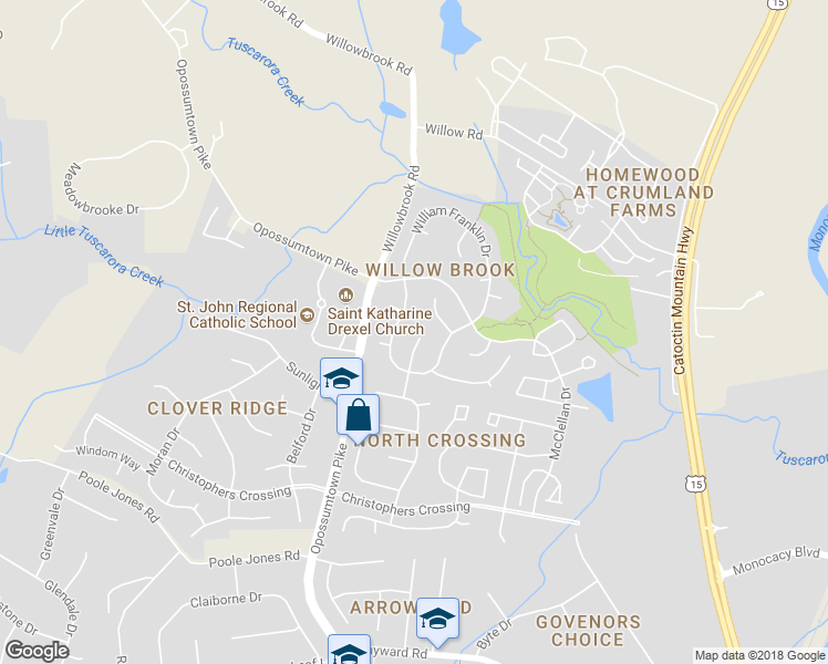 map of restaurants, bars, coffee shops, grocery stores, and more near 98 Cumberland Court in Frederick