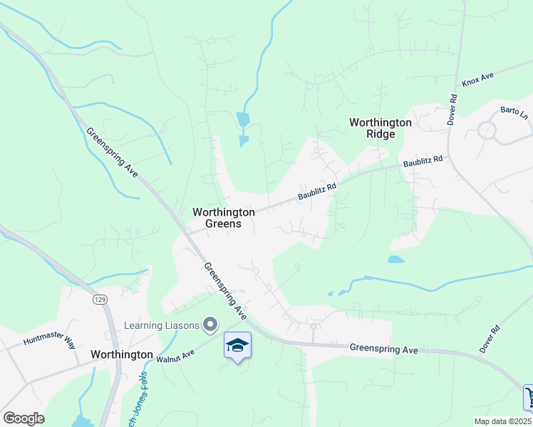 map of restaurants, bars, coffee shops, grocery stores, and more near 2801 Baublitz Road in Owings Mills