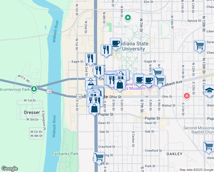map of restaurants, bars, coffee shops, grocery stores, and more near 400 Wabash Avenue in Terre Haute