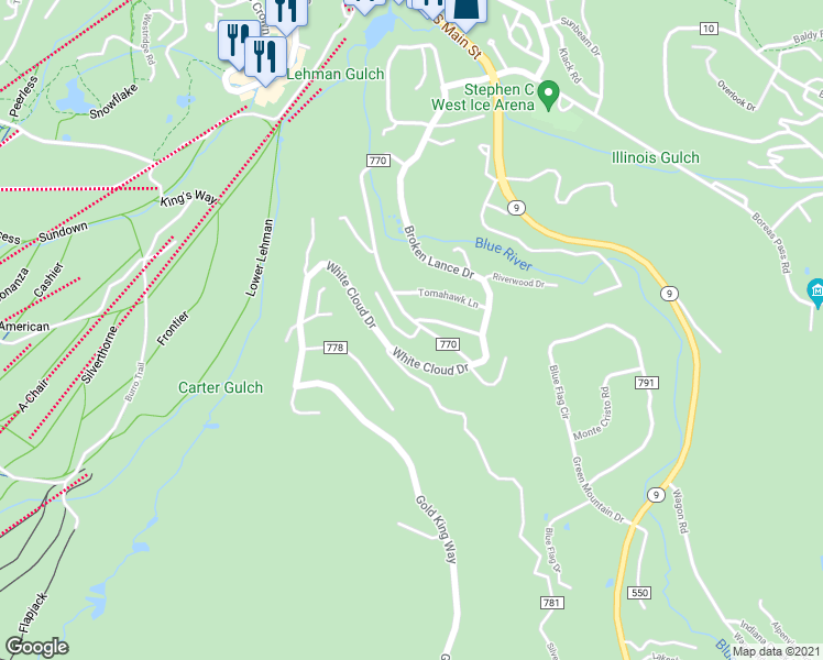 map of restaurants, bars, coffee shops, grocery stores, and more near 50 Now Colorado Court in Breckenridge