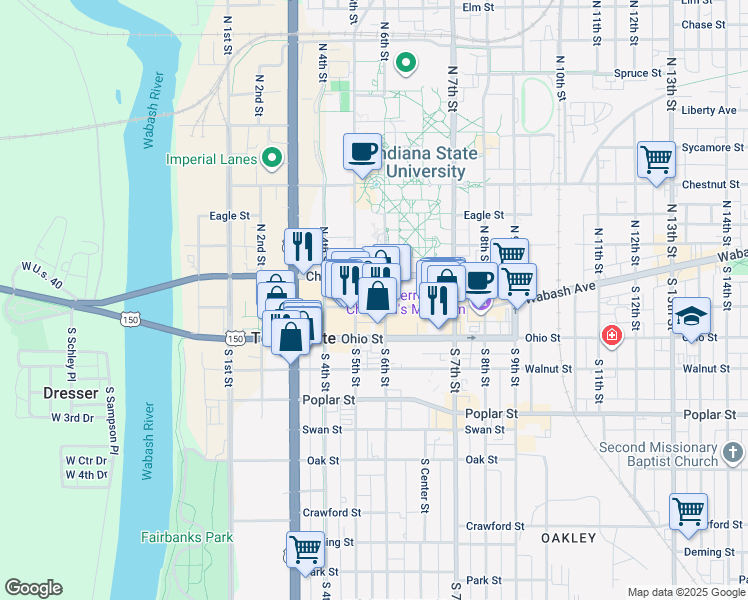 map of restaurants, bars, coffee shops, grocery stores, and more near 506 Wabash Avenue in Terre Haute
