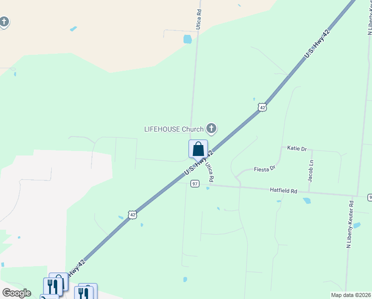 map of restaurants, bars, coffee shops, grocery stores, and more near 2095 Township Highway 42 in Lebanon