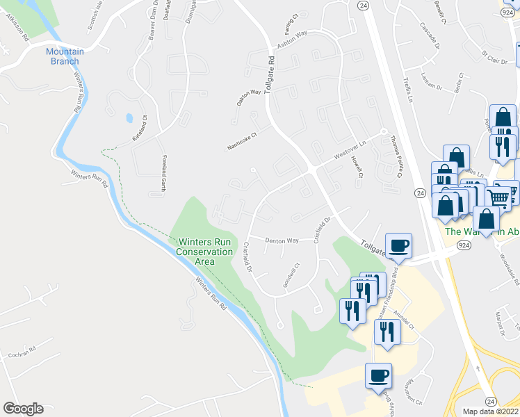 map of restaurants, bars, coffee shops, grocery stores, and more near Crestridge Way in Abingdon