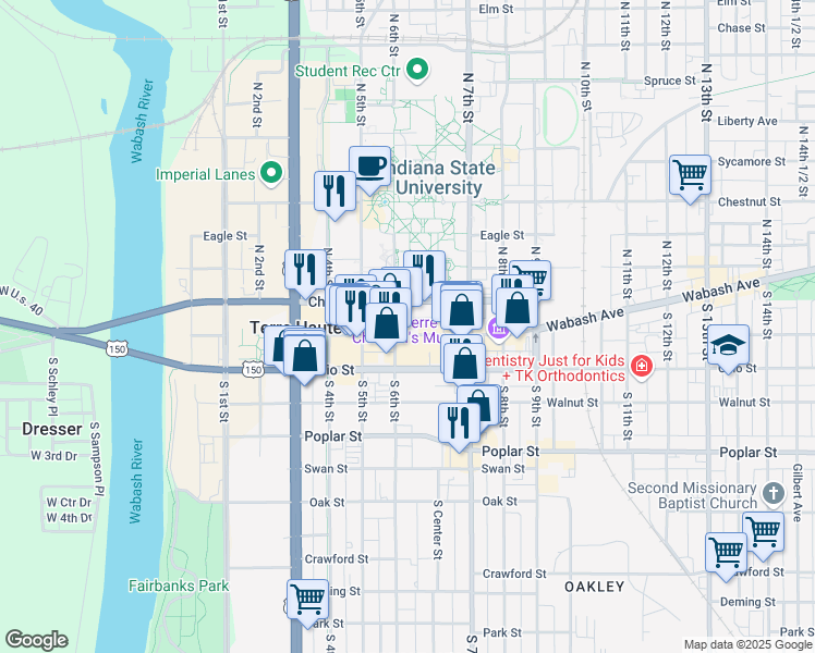 map of restaurants, bars, coffee shops, grocery stores, and more near 612 Wabash Avenue in Terre Haute