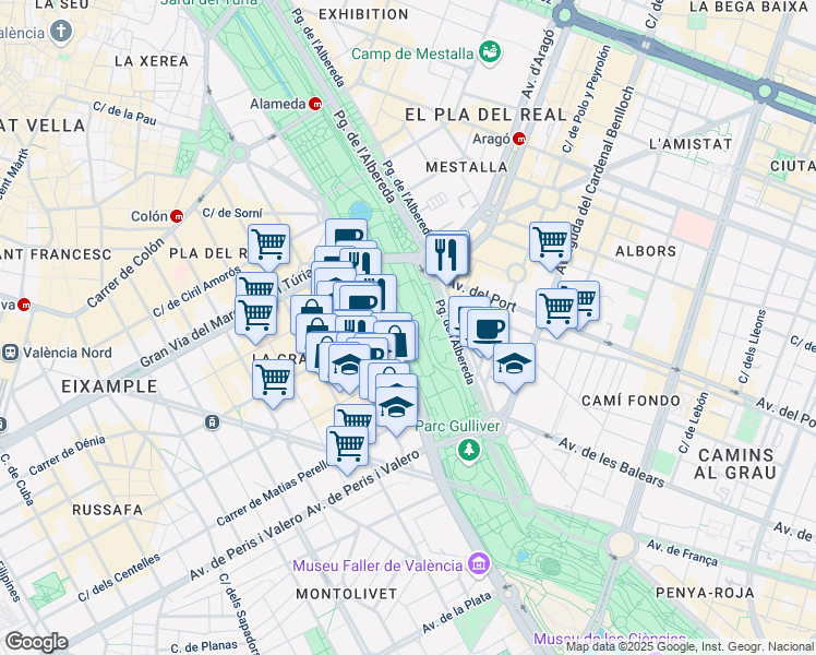 map of restaurants, bars, coffee shops, grocery stores, and more near 15 Avinguda de Jacinto Benavente in València