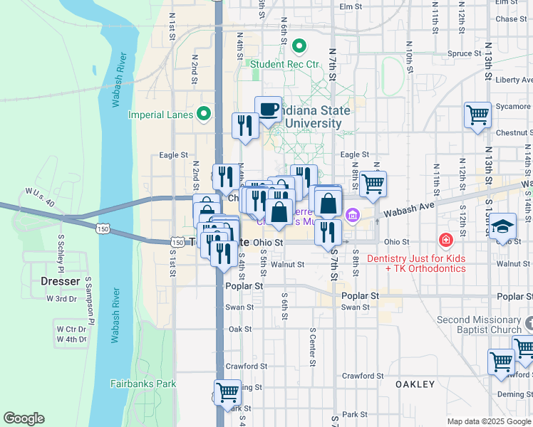 map of restaurants, bars, coffee shops, grocery stores, and more near 506 Wabash Avenue in Terre Haute