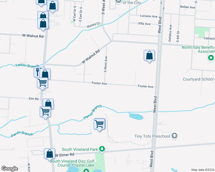 map of restaurants, bars, coffee shops, grocery stores, and more near 375 Foster Avenue in Vineland