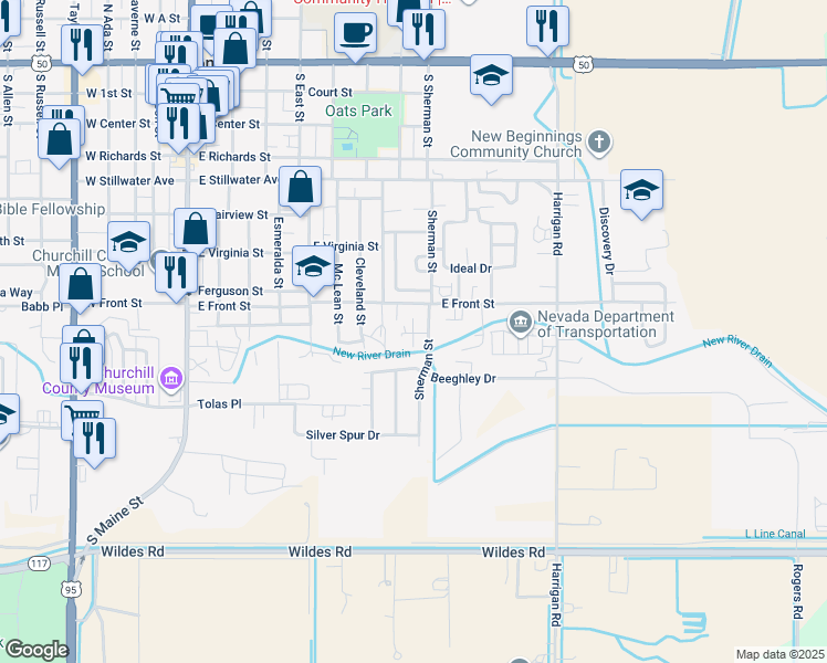 map of restaurants, bars, coffee shops, grocery stores, and more near 668 Leslie Court in Fallon