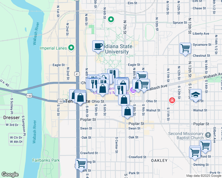 map of restaurants, bars, coffee shops, grocery stores, and more near 612 Wabash Avenue in Terre Haute