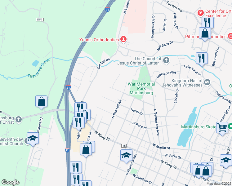 map of restaurants, bars, coffee shops, grocery stores, and more near 1603 Memorial Park Avenue in Martinsburg