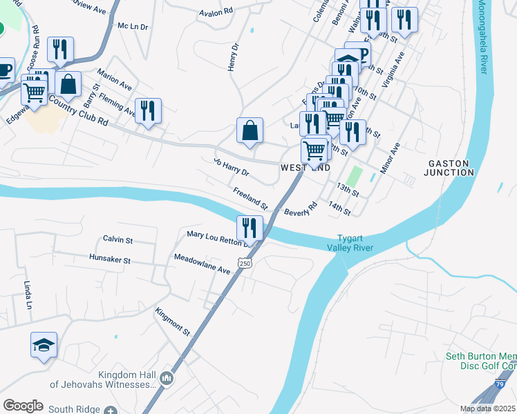 map of restaurants, bars, coffee shops, grocery stores, and more near 12 Industrial Contracting Rd in Fairmont