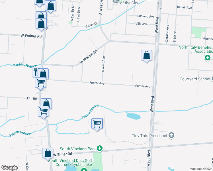 map of restaurants, bars, coffee shops, grocery stores, and more near 375 Foster Avenue in Vineland
