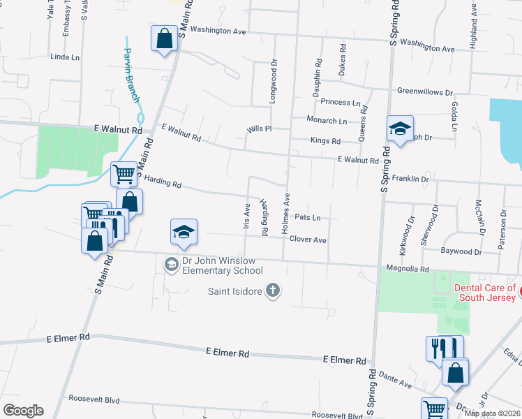 map of restaurants, bars, coffee shops, grocery stores, and more near 1252 Harding Road in Vineland