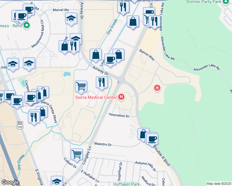 map of restaurants, bars, coffee shops, grocery stores, and more near 5904 Longley Lane in Reno