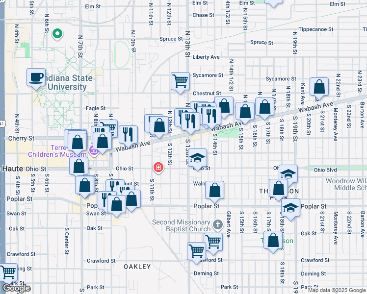 map of restaurants, bars, coffee shops, grocery stores, and more near 1300-1330 Orchard St in Terre Haute