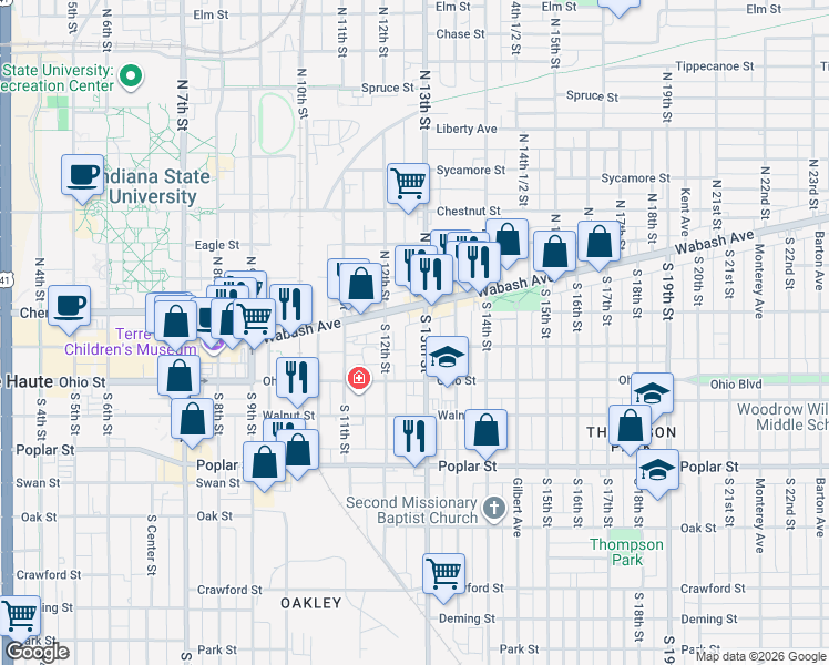map of restaurants, bars, coffee shops, grocery stores, and more near 1300-1330 Orchard St in Terre Haute