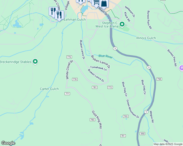 map of restaurants, bars, coffee shops, grocery stores, and more near 50 Now Colorado Court in Breckenridge