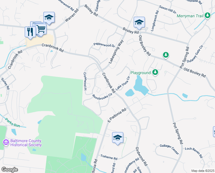 map of restaurants, bars, coffee shops, grocery stores, and more near 3 Deepwater Court in Cockeysville