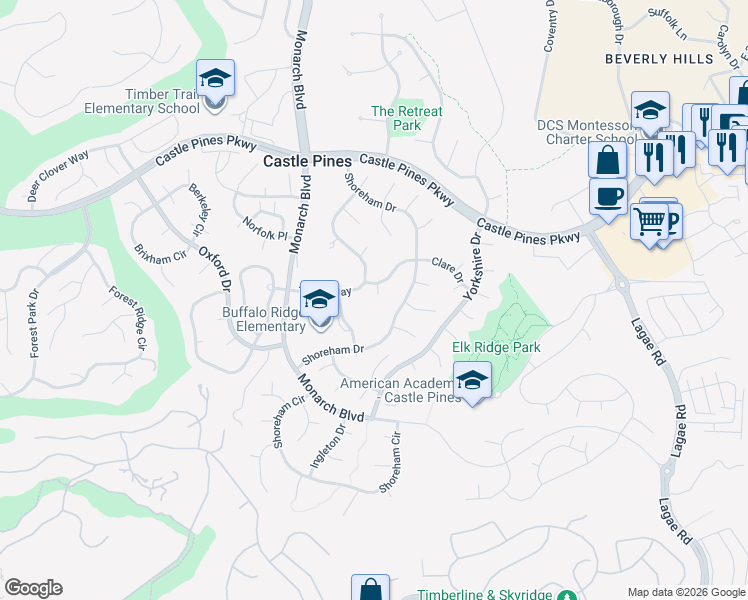 map of restaurants, bars, coffee shops, grocery stores, and more near 318 Clare Drive in Castle Rock