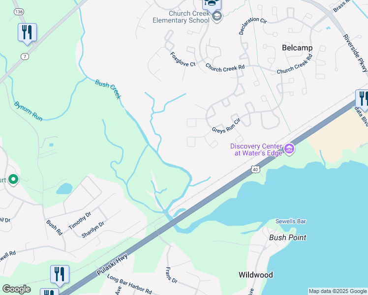 map of restaurants, bars, coffee shops, grocery stores, and more near 4305 Hampton Hall Court in Belcamp