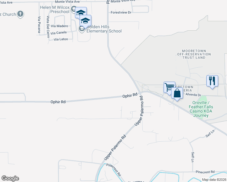 map of restaurants, bars, coffee shops, grocery stores, and more near 1078 Ophir Road in Oroville