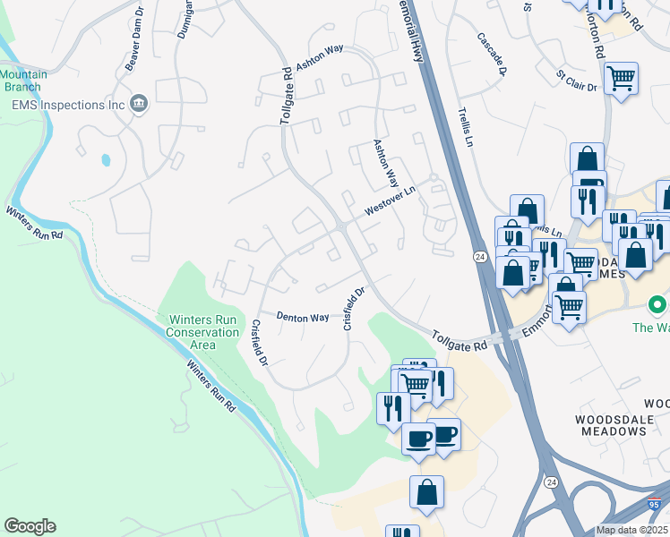 map of restaurants, bars, coffee shops, grocery stores, and more near 3639 Longridge Court in Abingdon