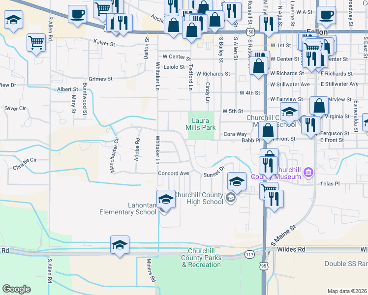 map of restaurants, bars, coffee shops, grocery stores, and more near 860 Sunset Drive in Fallon