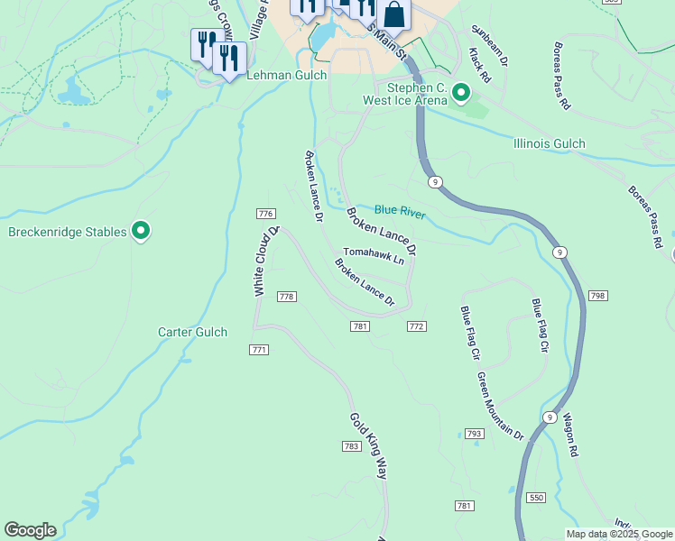 map of restaurants, bars, coffee shops, grocery stores, and more near 50 Now Colorado Court in Breckenridge