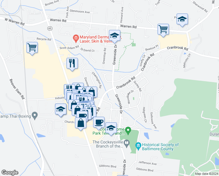 map of restaurants, bars, coffee shops, grocery stores, and more near 216 Cranbrook Road in Cockeysville
