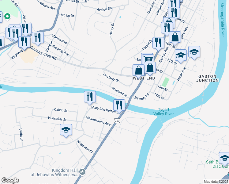 map of restaurants, bars, coffee shops, grocery stores, and more near 12 Industrial Contracting Rd in Fairmont