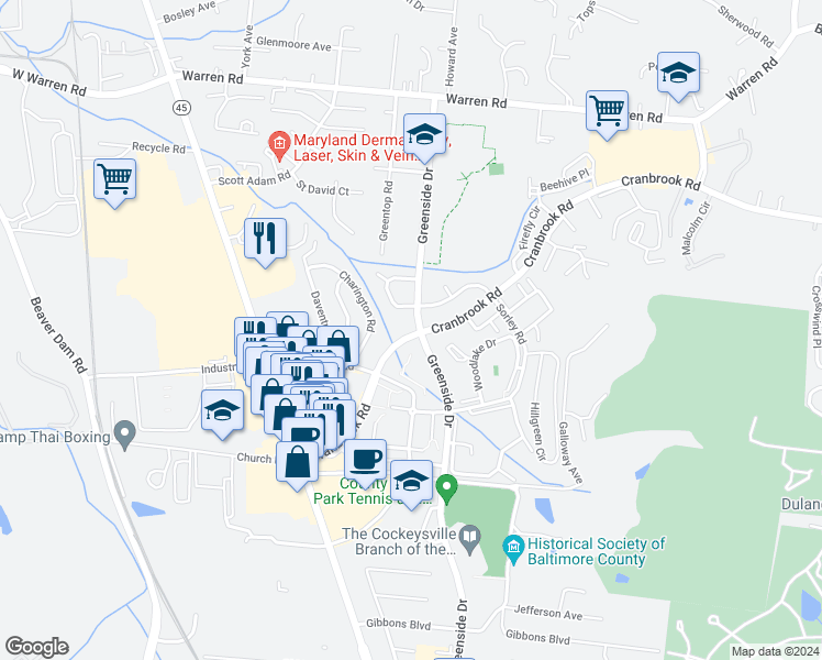 map of restaurants, bars, coffee shops, grocery stores, and more near 298 Cranbrook Road in Cockeysville