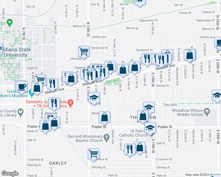 map of restaurants, bars, coffee shops, grocery stores, and more near 1417 Orchard Street in Terre Haute