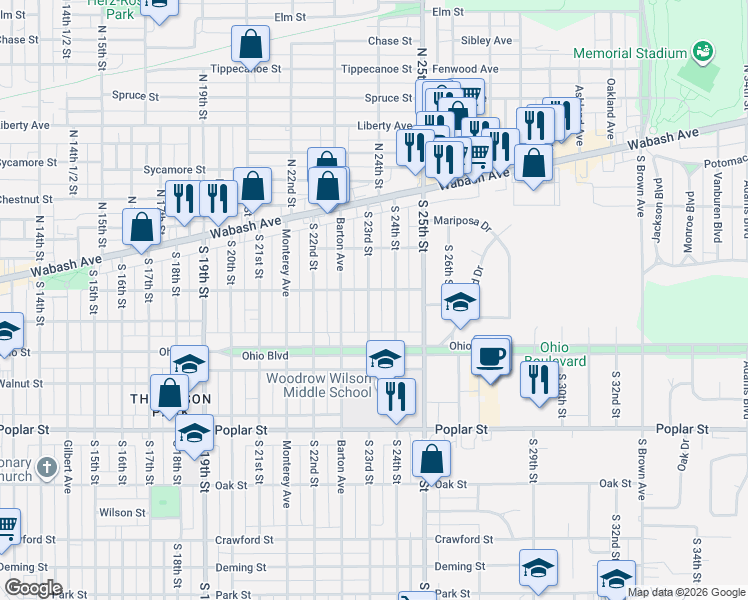 map of restaurants, bars, coffee shops, grocery stores, and more near 202 South 23rd Street in Terre Haute