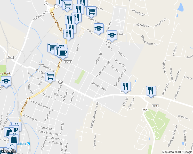 map of restaurants, bars, coffee shops, grocery stores, and more near Woodberry Avenue in Martinsburg