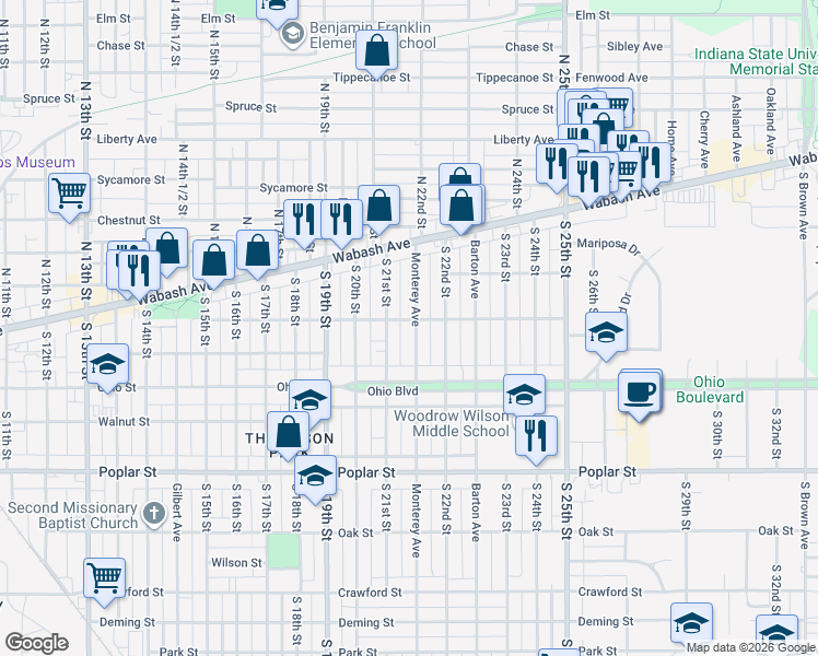map of restaurants, bars, coffee shops, grocery stores, and more near 50 South 21st Street in Terre Haute