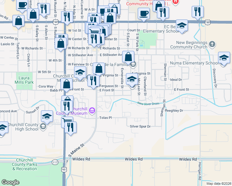 map of restaurants, bars, coffee shops, grocery stores, and more near 220 East Front Street in Fallon