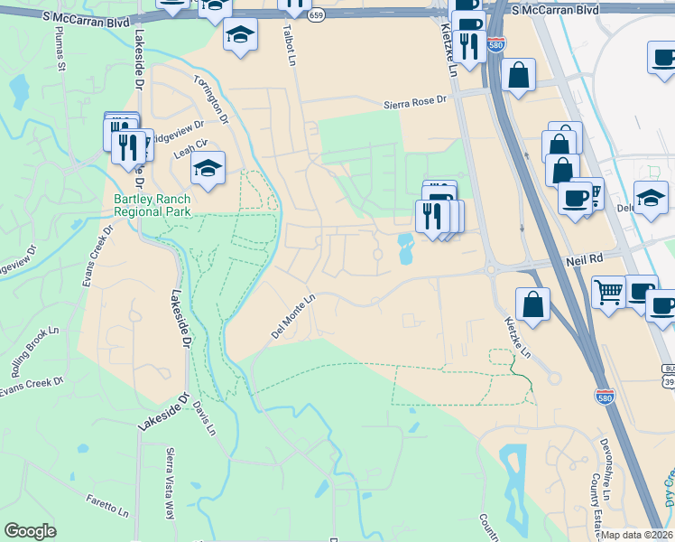 map of restaurants, bars, coffee shops, grocery stores, and more near 6001 Talbot Lane in Reno