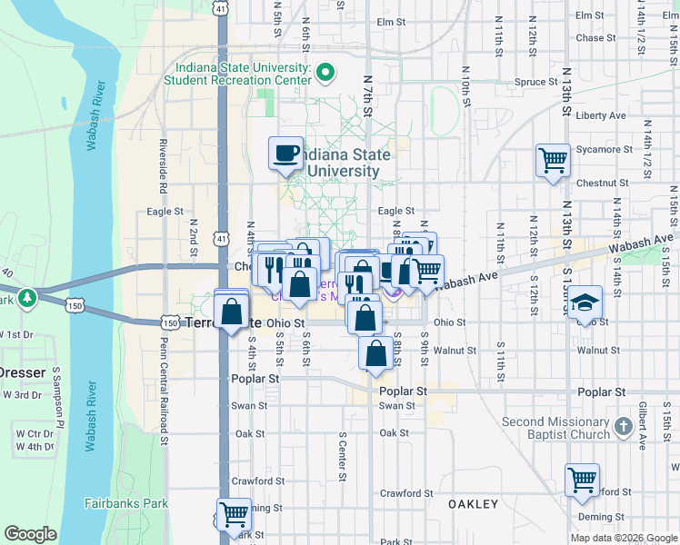 map of restaurants, bars, coffee shops, grocery stores, and more near 649 Cherry Street in Terre Haute