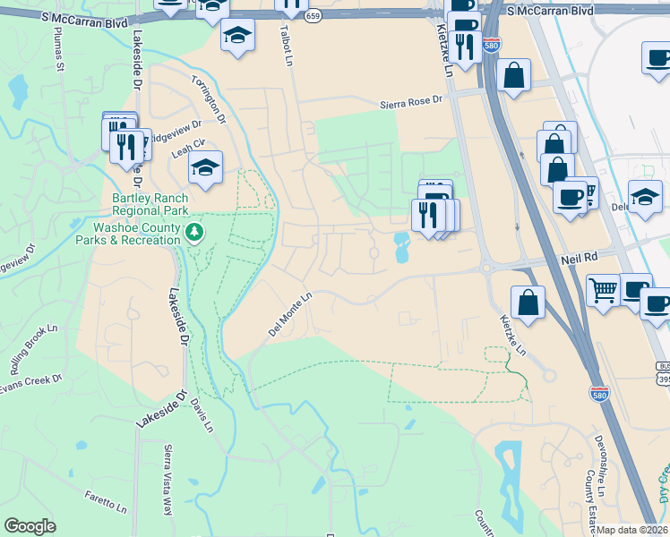 map of restaurants, bars, coffee shops, grocery stores, and more near 6001 Talbot Lane in Reno